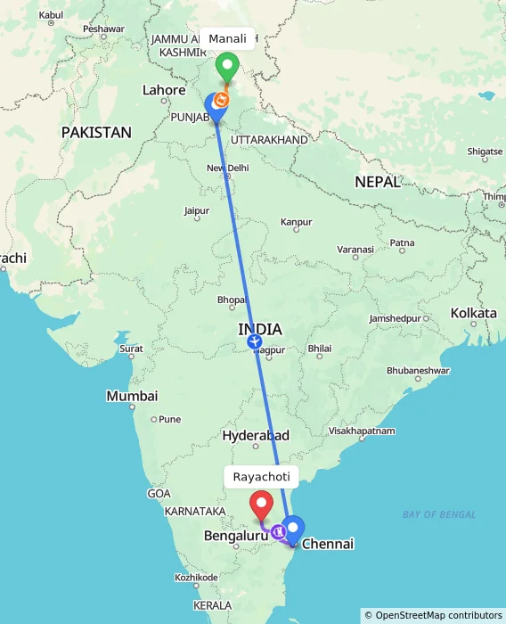 Route map showing distance and travel time from Manali, India to Rayachoti, India