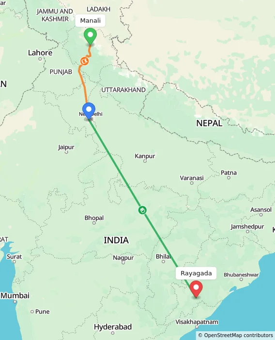 Route map showing distance and travel time from Manali, India to Rayagada, India