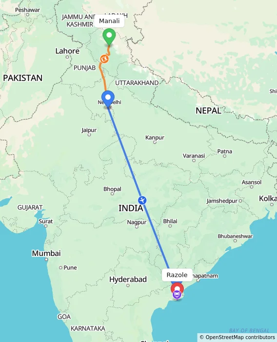 Route map showing distance and travel time from Manali, India to Razole, India