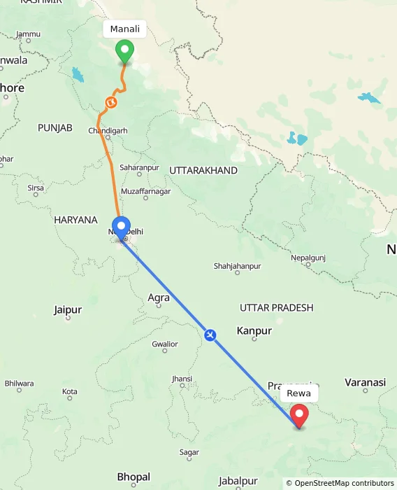 Route map showing distance and travel time from Manali, India to Rewa, India