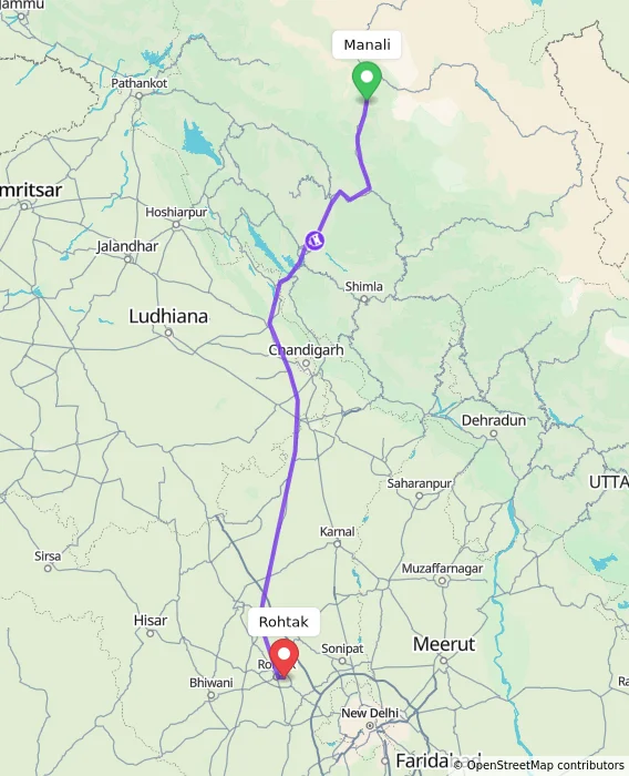 Route map showing distance and travel time from Manali, India to Rohtak, India