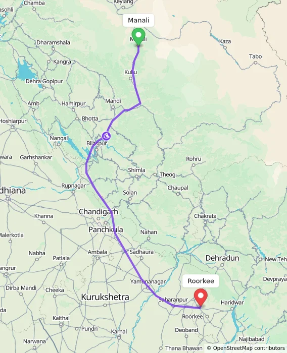 Route map showing distance and travel time from Manali, India to Roorkee, India