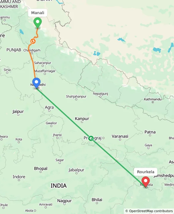Route map showing distance and travel time from Manali, India to Rourkela, India
