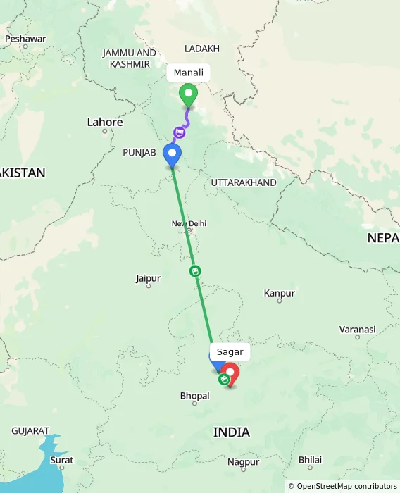 Route map showing distance and travel time from Manali, India to Sagar, India