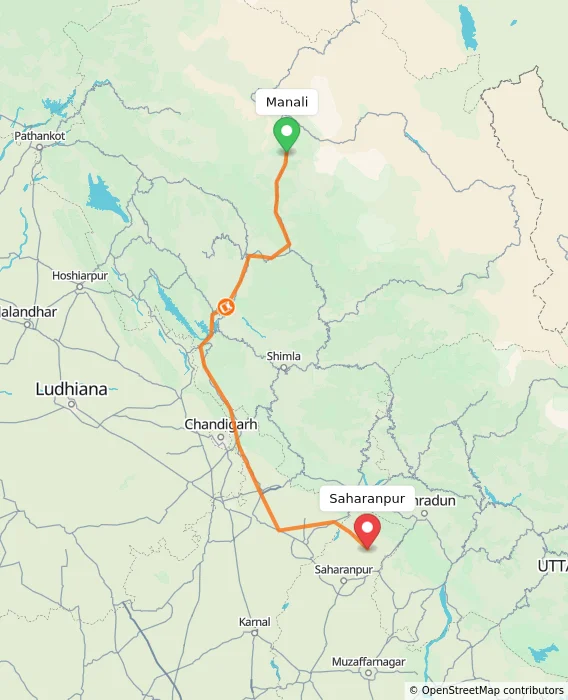 Route map showing distance and travel time from Manali, India to Saharanpur, India
