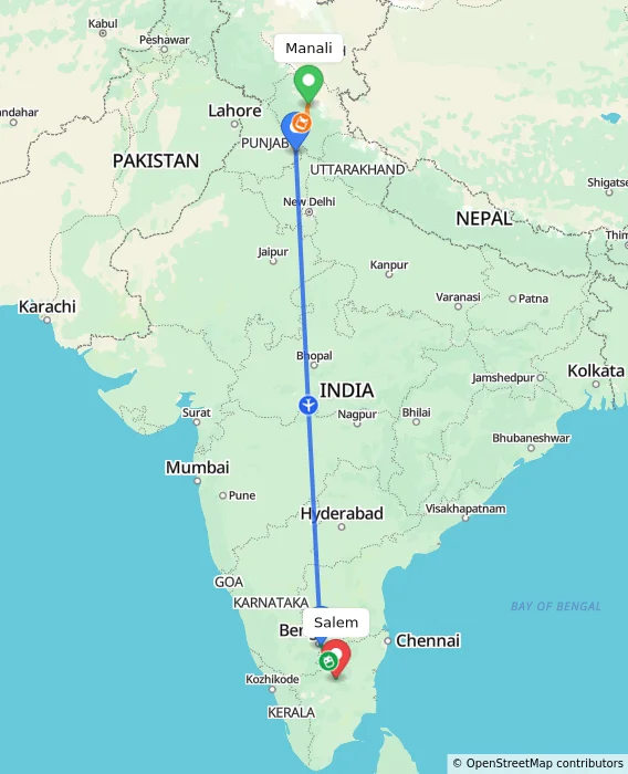 Route map showing distance and travel time from Manali, India to Salem, India