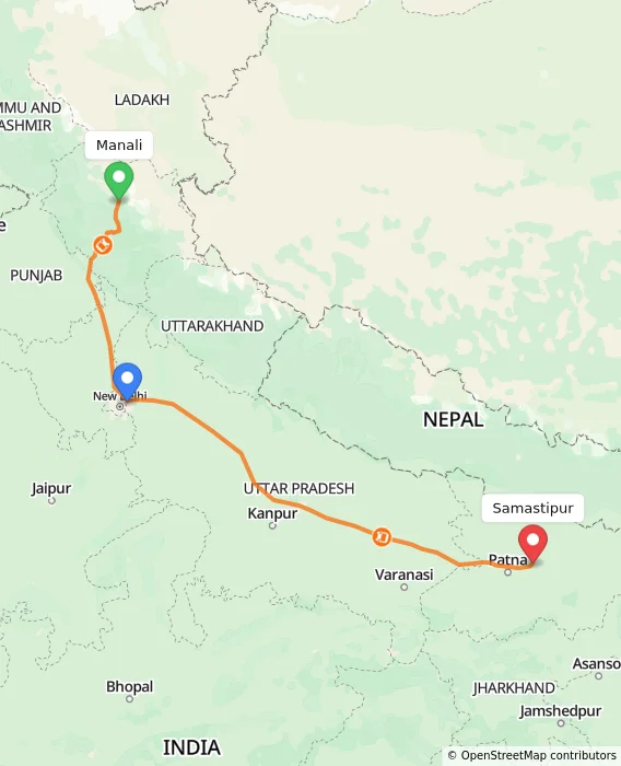 Route map showing distance and travel time from Manali, India to Samastipur, India