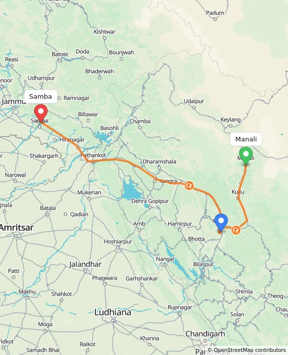 Route map showing distance and travel time from Manali, India to Samba, India