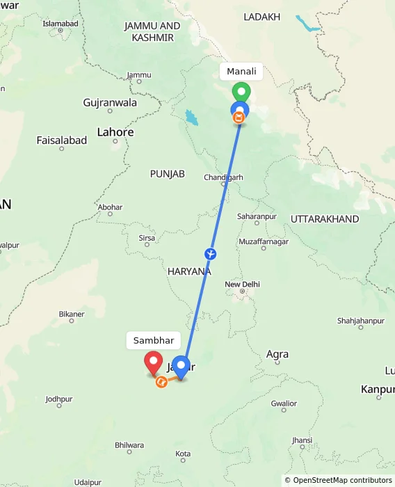 Route map showing distance and travel time from Manali, India to Sambhar, India