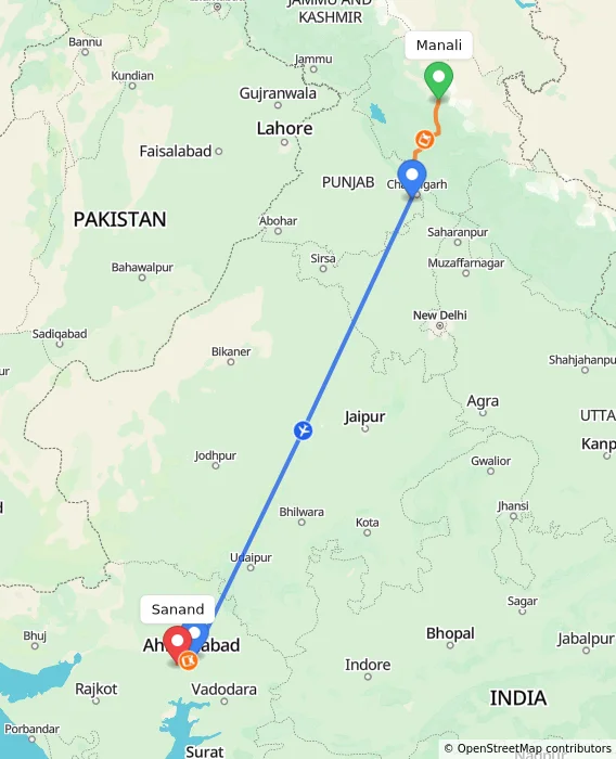 Route map showing distance and travel time from Manali, India to Sanand, India