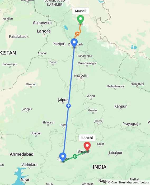 Route map showing distance and travel time from Manali, India to Sanchi, India