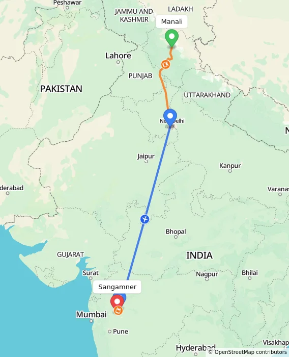 Route map showing distance and travel time from Manali, India to Sangamner, India