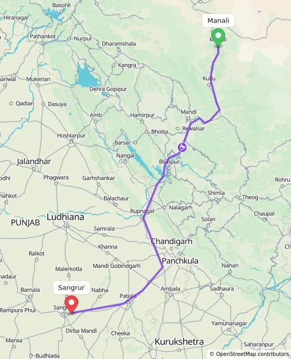 Route map showing distance and travel time from Manali, India to Sangrur, India
