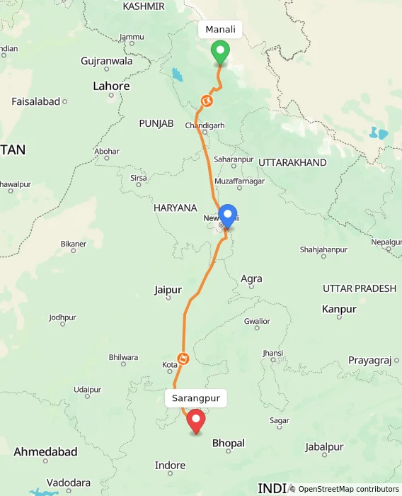 Route map showing distance and travel time from Manali, India to Sarangpur, India