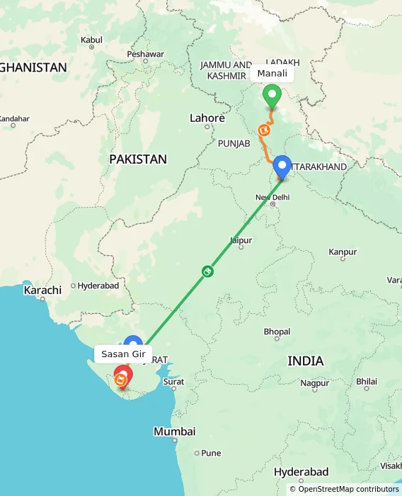 Route map showing distance and travel time from Manali, India to Sasan Gir, India