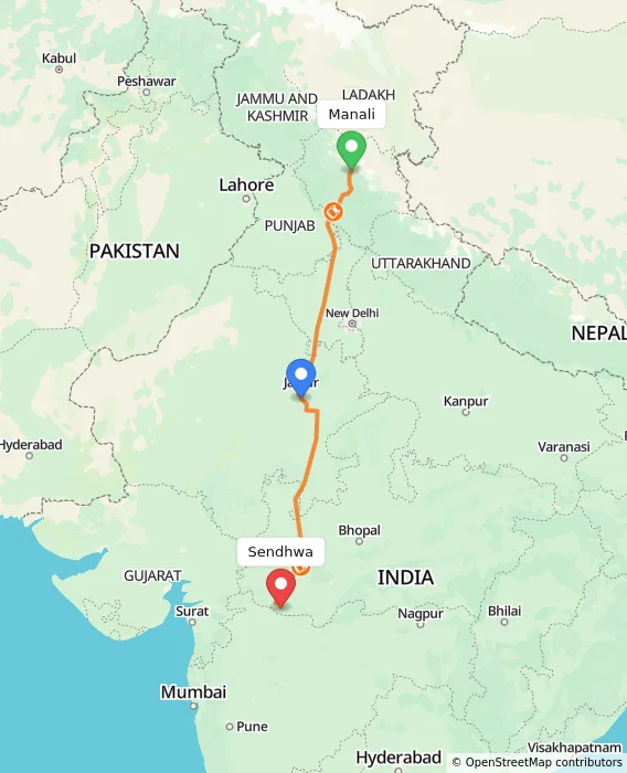 Route map showing distance and travel time from Manali, India to Sendhwa, India