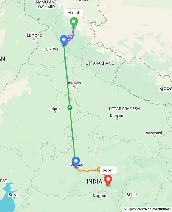 Route map showing distance and travel time from Manali, India to Seoni, India