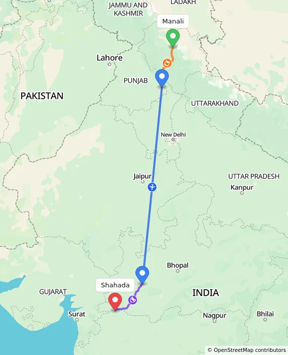 Route map showing distance and travel time from Manali, India to Shahada, India