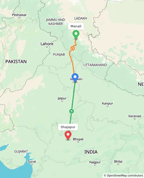 Route map showing distance and travel time from Manali, India to Shajapur, India