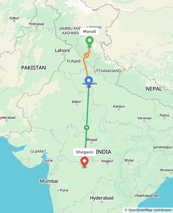 Route map showing distance and travel time from Manali, India to Shegaon, India
