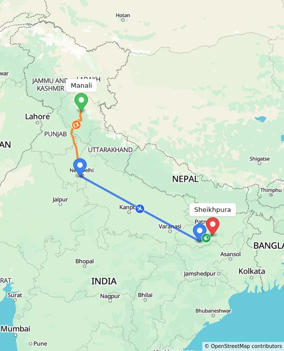 Route map showing distance and travel time from Manali, India to Sheikhpura, India