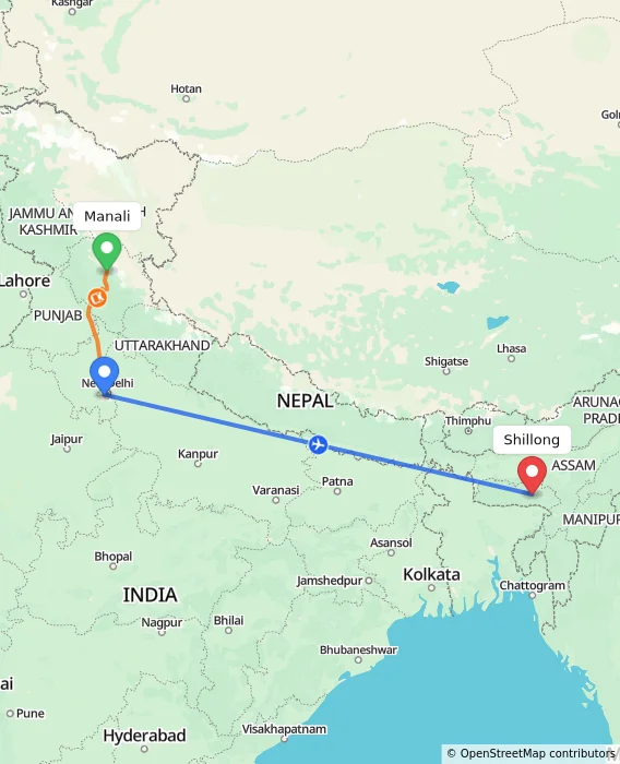 Route map showing distance and travel time from Manali, India to Shillong, India