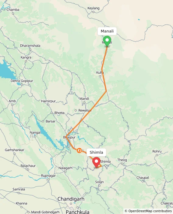 Route map showing distance and travel time from Manali, India to Shimla, India