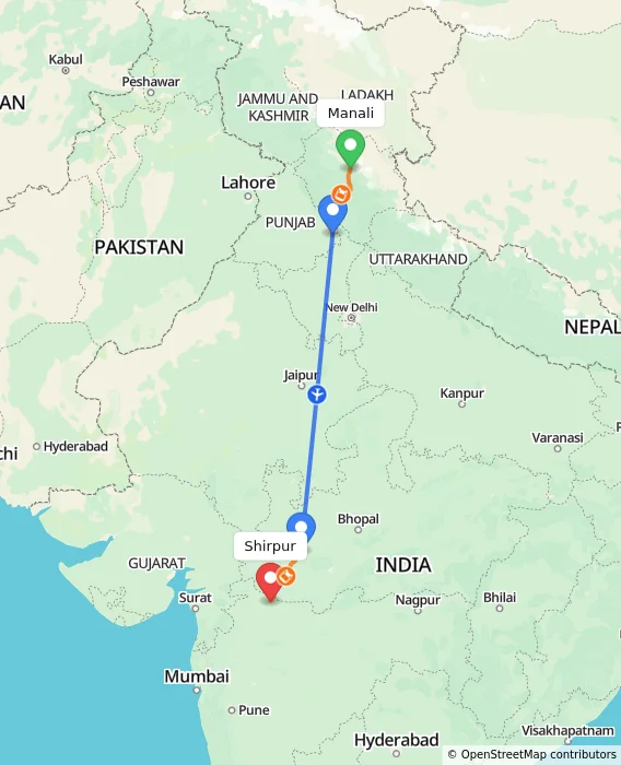 Route map showing distance and travel time from Manali, India to Shirpur, India