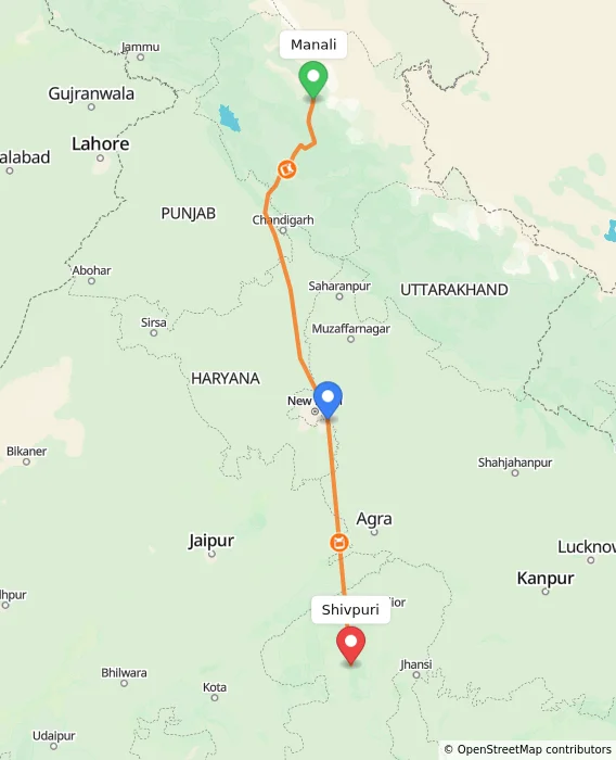 Route map showing distance and travel time from Manali, India to Shivpuri, India