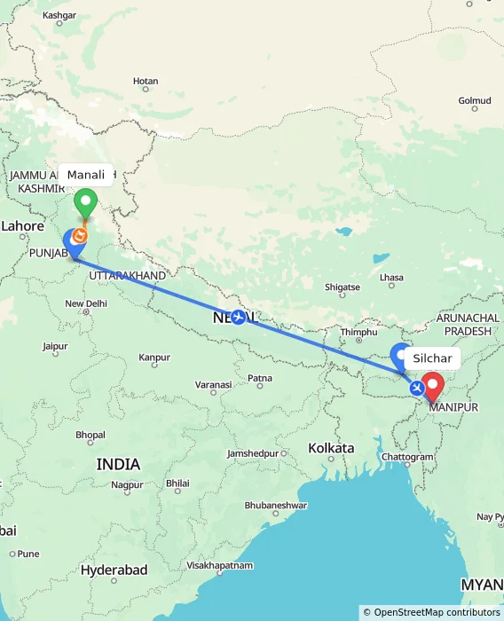Route map showing distance and travel time from Manali, India to Silchar, India