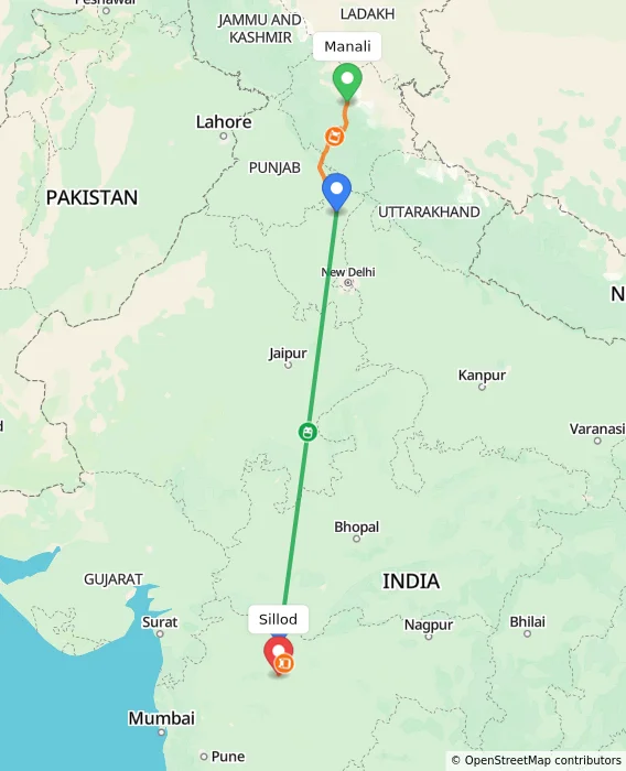 Route map showing distance and travel time from Manali, India to Sillod, India