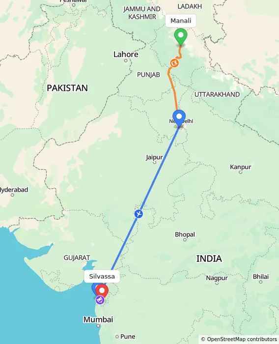 Route map showing distance and travel time from Manali, India to Silvassa, India