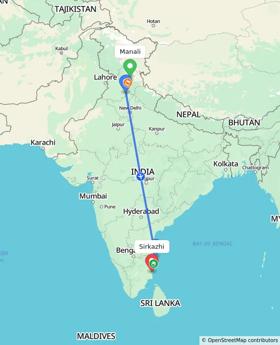 Route map showing distance and travel time from Manali, India to Sirkazhi, India