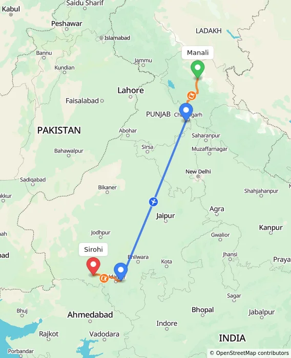 Route map showing distance and travel time from Manali, India to Sirohi, India