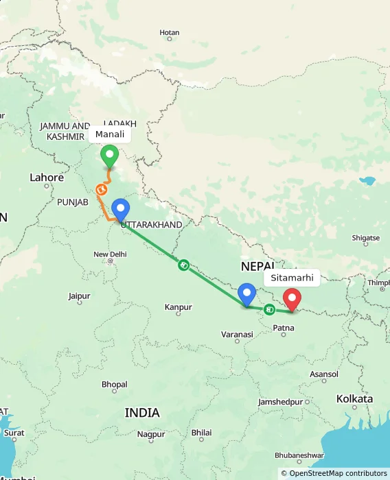 Route map showing distance and travel time from Manali, India to Sitamarhi, India