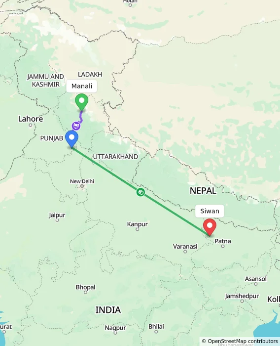 Route map showing distance and travel time from Manali, India to Siwan, India