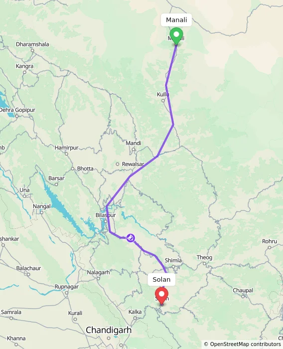 Route map showing distance and travel time from Manali, India to Solan, India