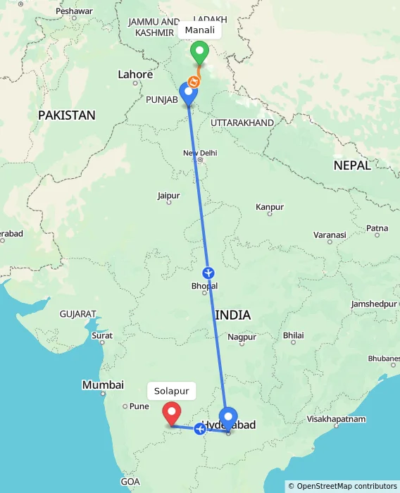 Route map showing distance and travel time from Manali, India to Solapur, India
