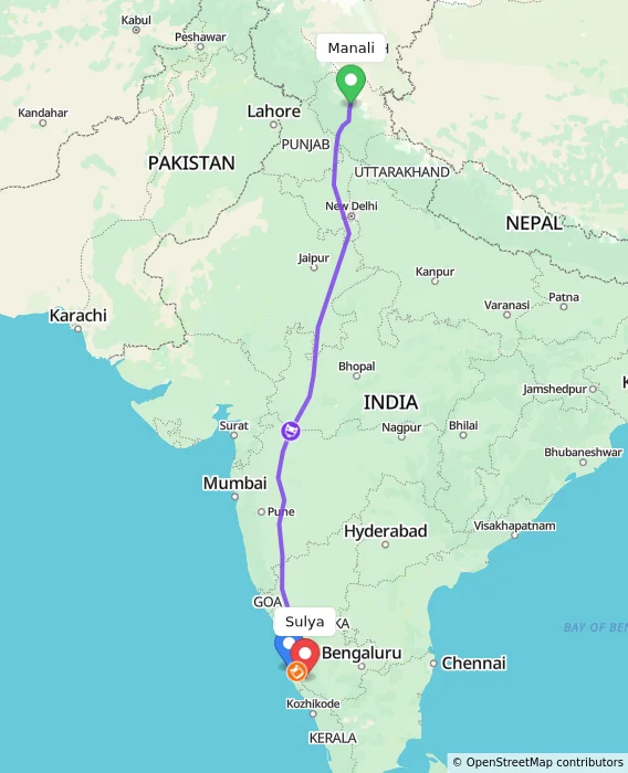 Route map showing distance and travel time from Manali, India to Sulya, India