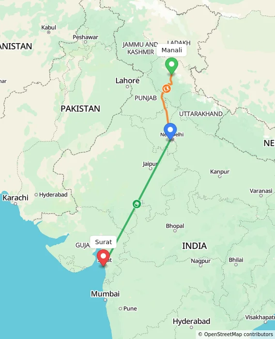 Route map showing distance and travel time from Manali, India to Surat, India