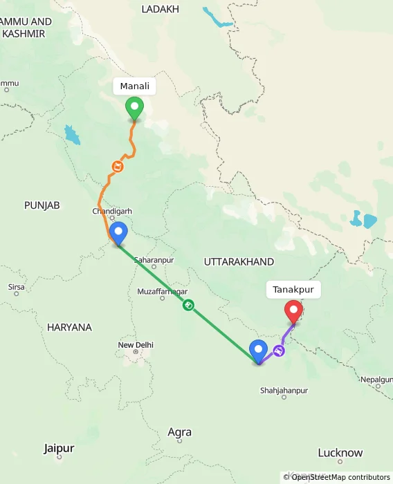 Route map showing distance and travel time from Manali, India to Tanakpur, India