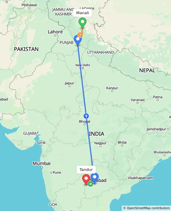 Route map showing distance and travel time from Manali, India to Tandur, India
