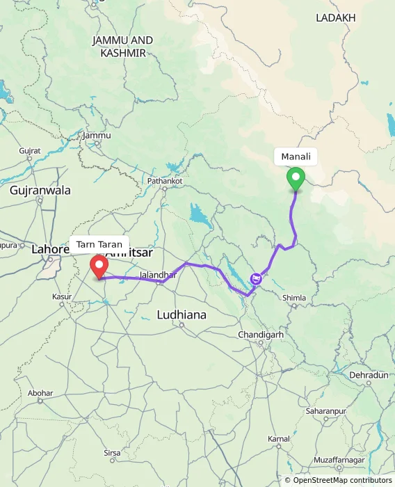 Route map showing distance and travel time from Manali, India to Tarn Taran, India