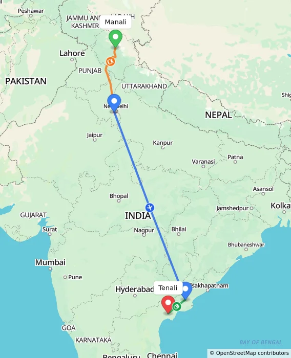 Route map showing distance and travel time from Manali, India to Tenali, India