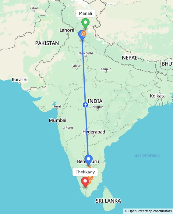 Route map showing distance and travel time from Manali, India to Thekkady, India