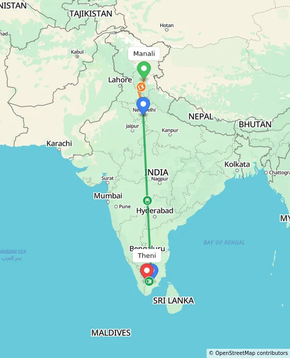 Route map showing distance and travel time from Manali, India to Theni, India