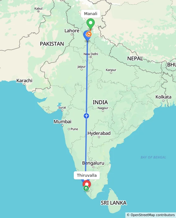 Route map showing distance and travel time from Manali, India to Thiruvalla, India