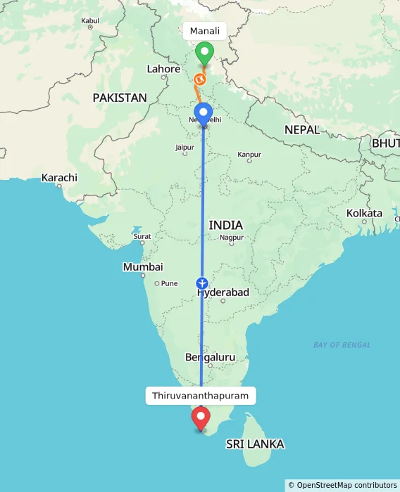 Route map showing distance and travel time from Manali, India to Thiruvananthapuram, India