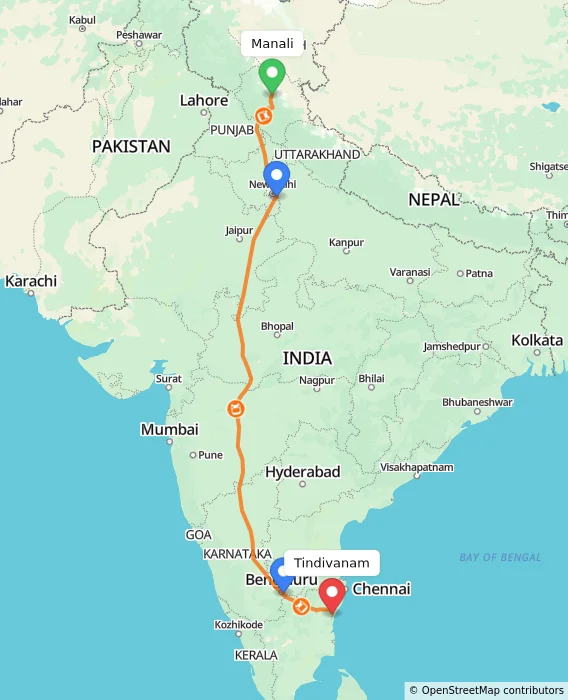 Route map showing distance and travel time from Manali, India to Tindivanam, India
