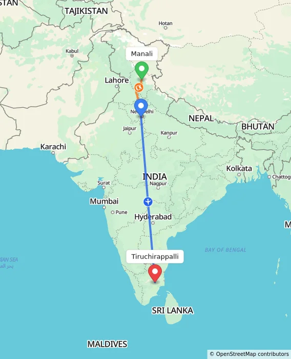 Route map showing distance and travel time from Manali, India to Tiruchirappalli, India